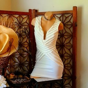 BEAUTIFUL WHITE PLUNGE V NECKLINE SM FITTED DRESS